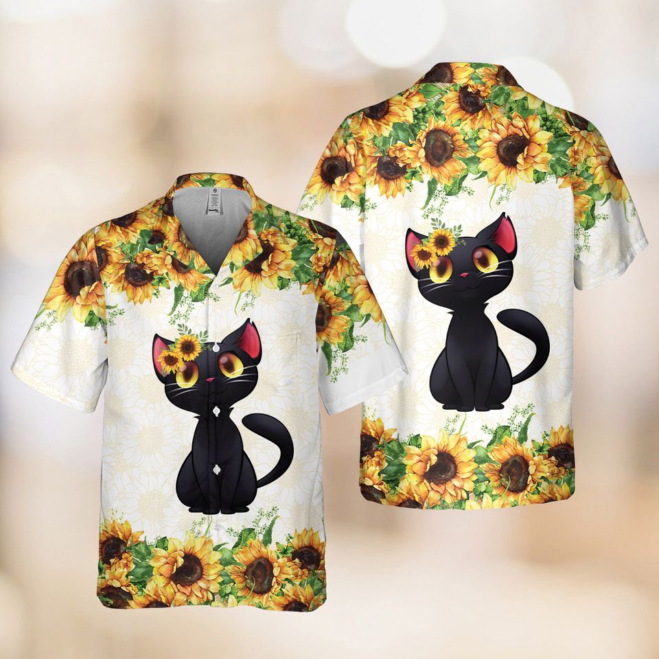 Black Cat Hawaiian Shirt, Cat Lovers Hawaiian Shirt, Cat Sunflower Hawaiian Shirt, Hawaiian Beach Tee, Summer Aloha