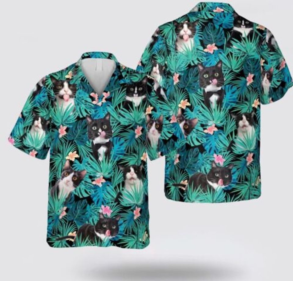 Tuxedo Cat With Funny Face Leaves Tropic Hawaiian Shirt - Gift For Cat Lover