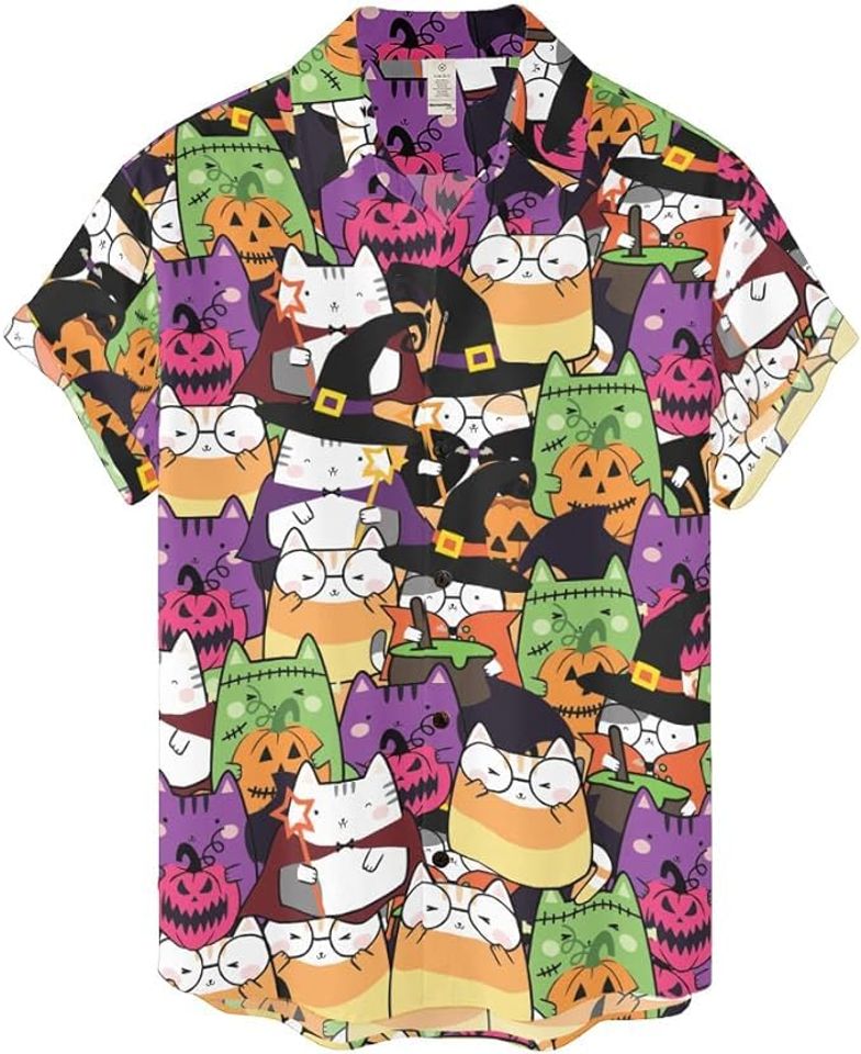Cute Witch Cat Halloween Aloha Hawaiian Shirts, Unisex, Short Sleeve Hawaii Shirt, Short Sleeve Button Down Shirt, Aloha Beach Shirt, Summer Shirt, Shirt for Holidays Multicolor