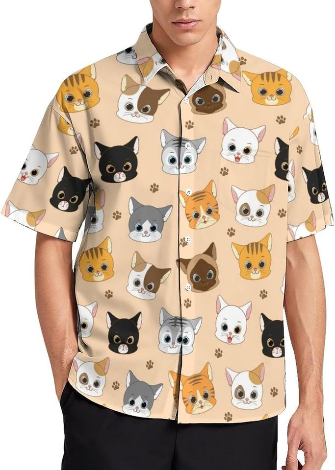 Cute Smiling Cat Head PatternMen's Shirt Short Sleeve Hawaii Shirt Beach Casual Work Shirt WIith Pocket