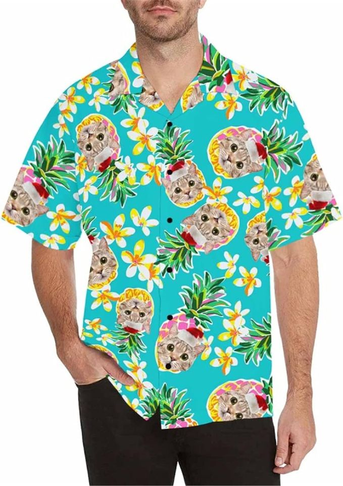 DIYKST Custom Face Hawaiian Shirt with Cat for Men Christmas Hawaii Shirt Tropical Flower Aloha Shirt