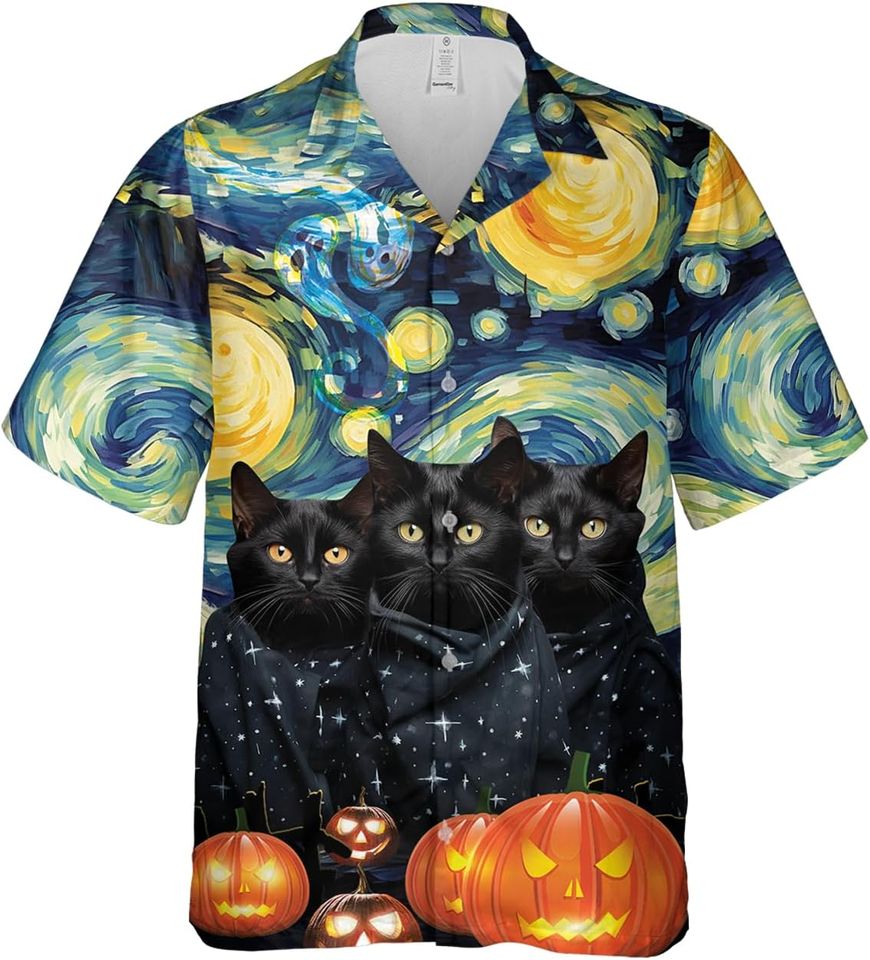 Men's Halloween Hawaiian Shirts - Fun Halloween Printed Button Down Night Star Shirt