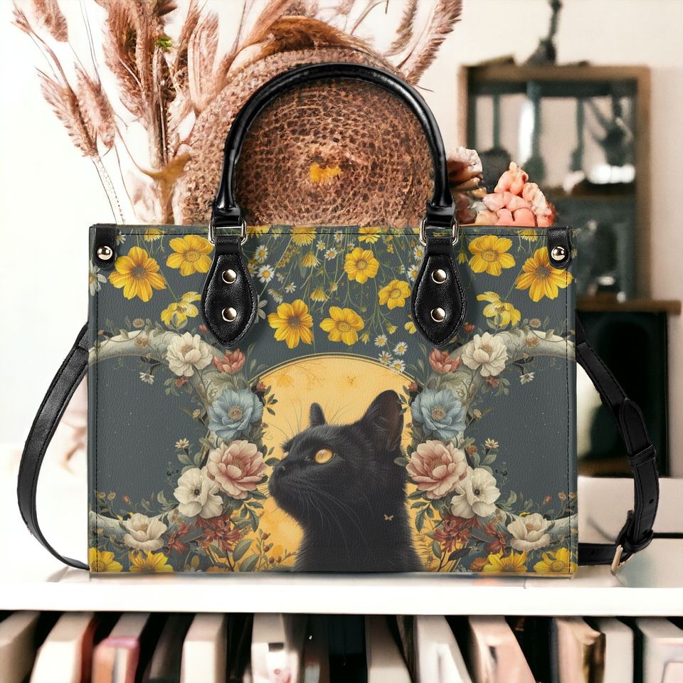 Cottagecore Black cat triple moon top handles Vegan leather Tote handbag, Whimsigoth Prairie boho purse & shoulder strap, crossbody bag gift