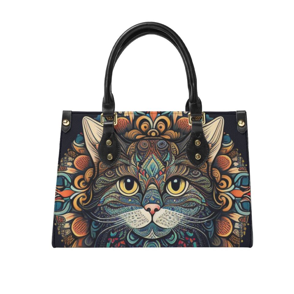 Ethnic Style Cat Mandala PU Leather Tote Bag  Fashionable & Durable Mother's Day Gift Bag, Unique Tote Bag for Cat Lovers
