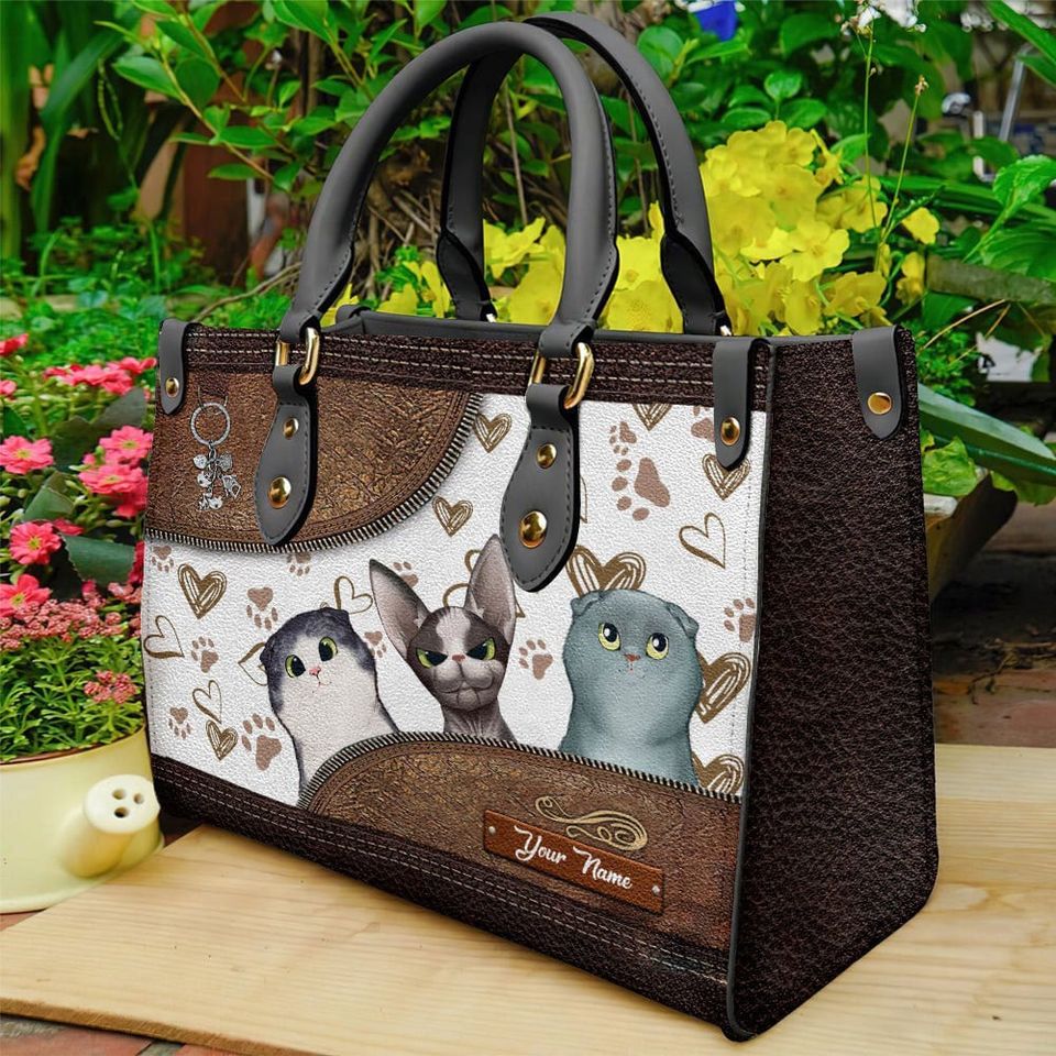 Cat Personalized Leather Handbag, Personalized Gift for Cat Lovers, Cat Mom, Cat Dad Leather Bag ,Custom Cat and name cat Leather bag