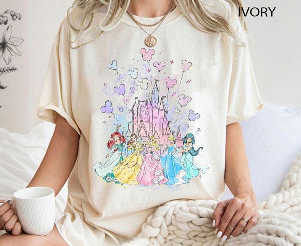 Disney Watercolor Princess Shirt, Disneyworld Princess Shirt, Disneyland Princess Castle Shirt, Disney Vacation Shirt, Mickey Balloon Shirt