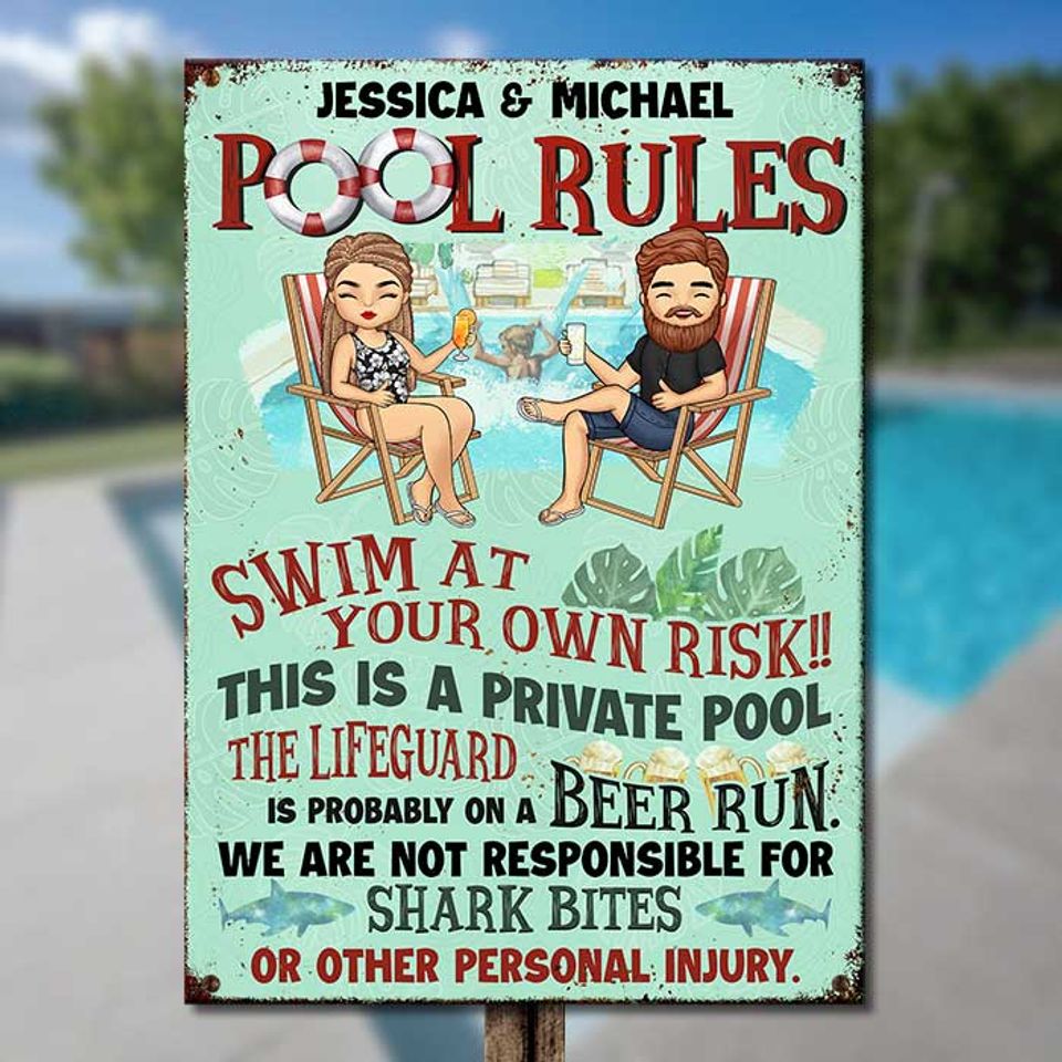 Swim At Your Own Risk Custom Gift For Couples Husband Wife Personalized Metal Sign