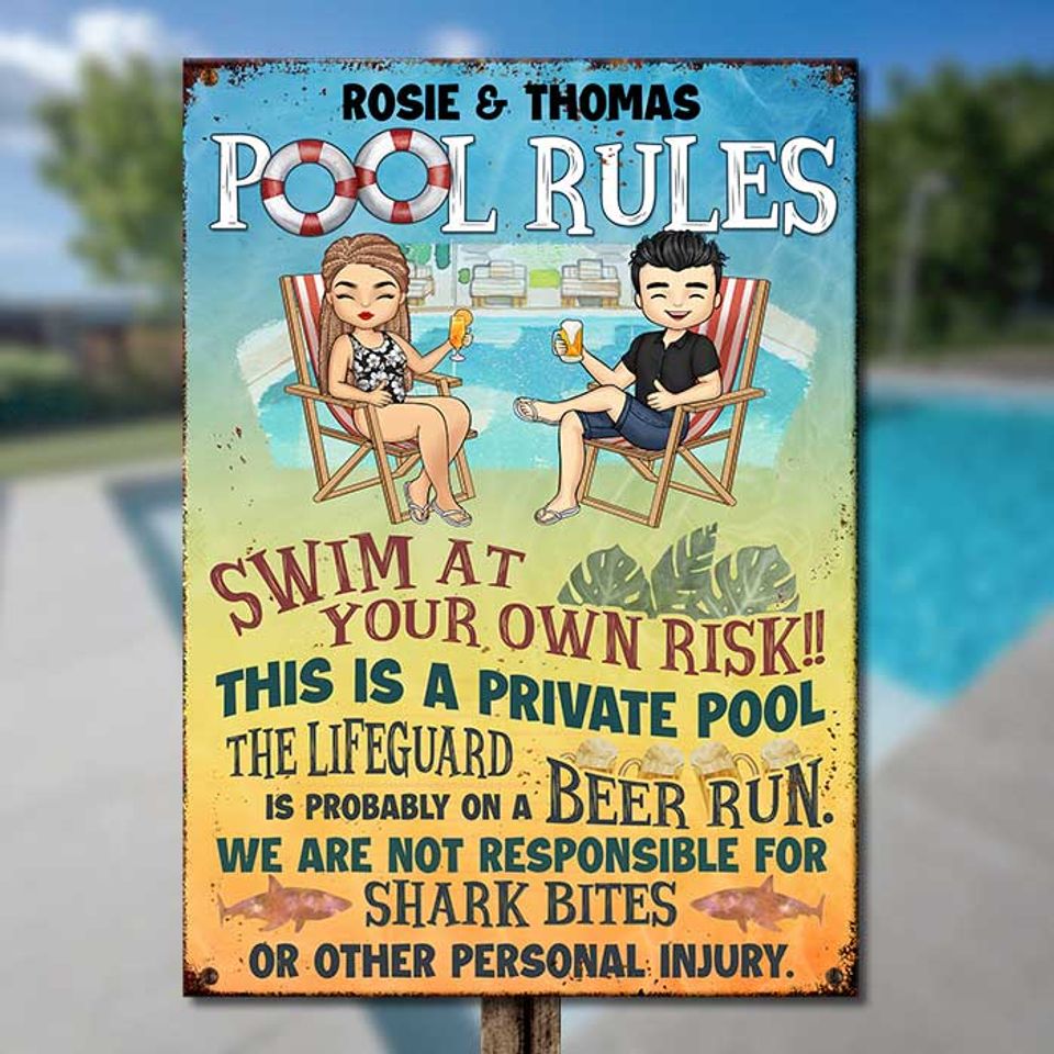 Swim At Your Own Risk Custom Gift For Couples Husband Wife Personalized Metal Sign