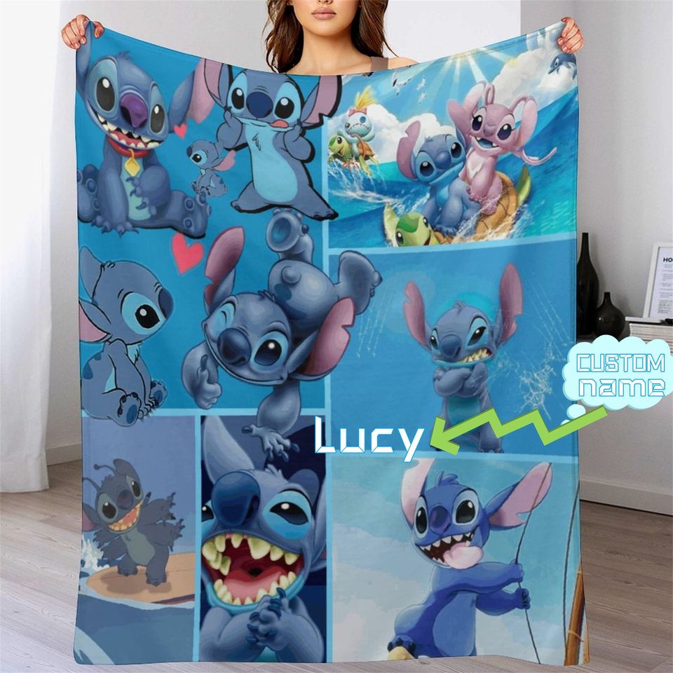 Customized Disney Stitch Blanket Personalized Flannel Couch Nap Office Blanket
