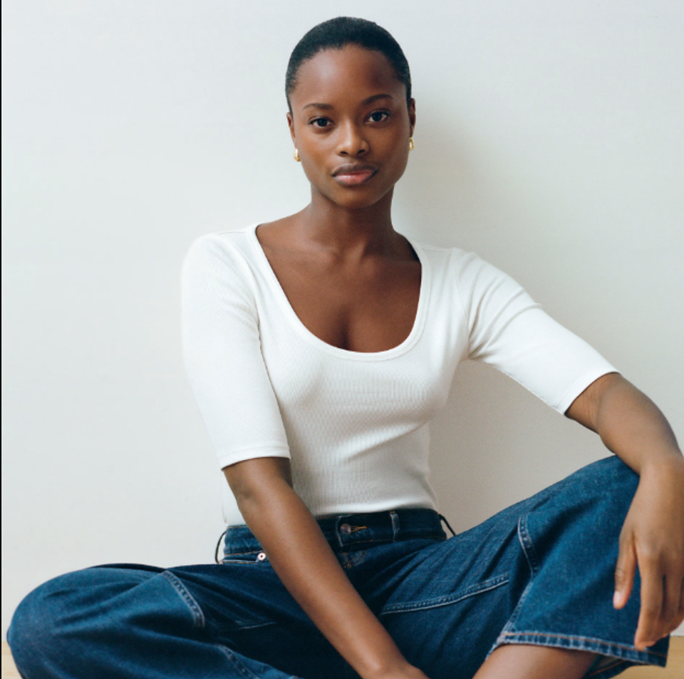 Woman in a Scoop Neck T-Shirt Style