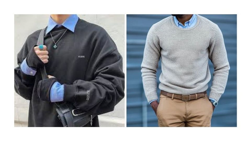 Wearing a collared shirt with a crew neck sweater