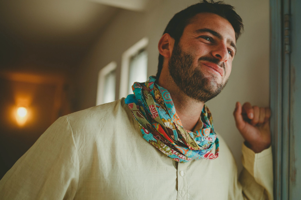 Infinity loop scarf with collared shirt
