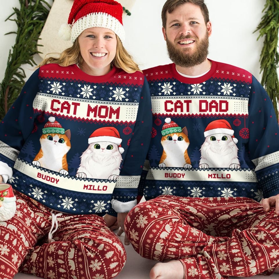 Cat Mom & Dad Merry Christmas - Personalized Ugly Christmas Sweatshirt