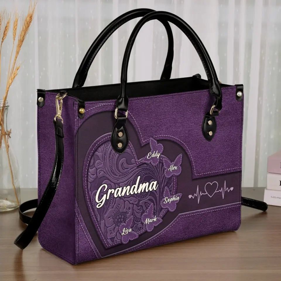 Happiness Is Being A Grandma - Family Personalized Custom Leather Handbag