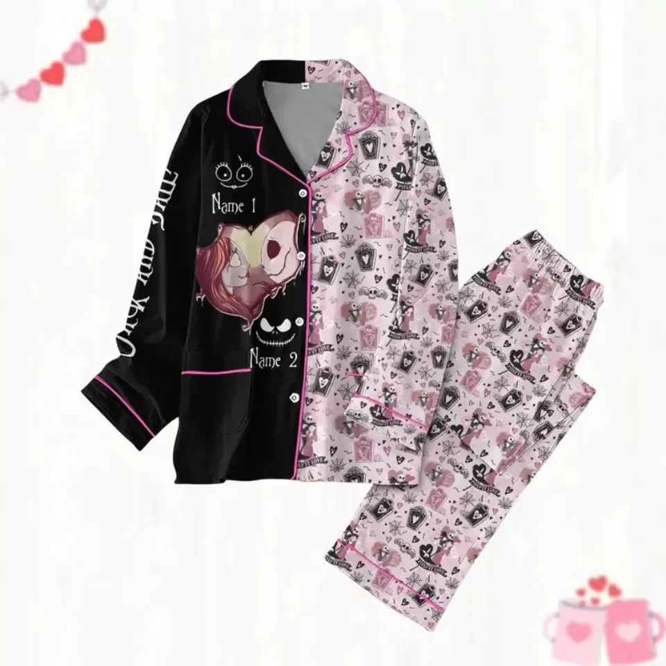 Custom Jack And Sally Pajamas Set, Disney Skelenton Womens Pajama Set