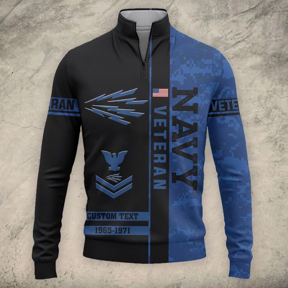 Customized US Navy Ratings Veteran Proudly Served Zip Neck Sweater