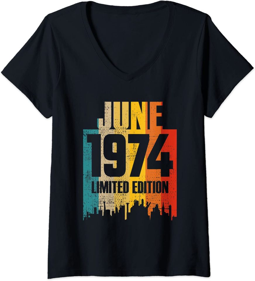 Womens June 1974 Limited Edition Retro Vintage V-Neck T-Shirt