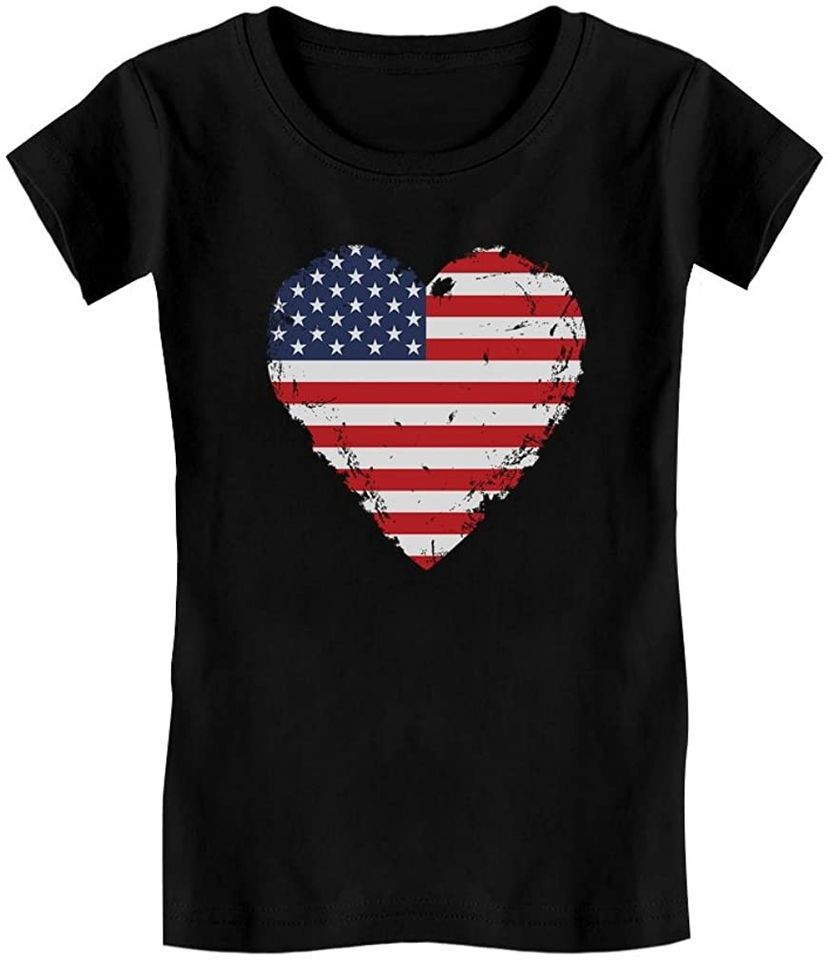 Love USA 4th of July American Heart Flag Girls' Fitted Kids T-Shirt