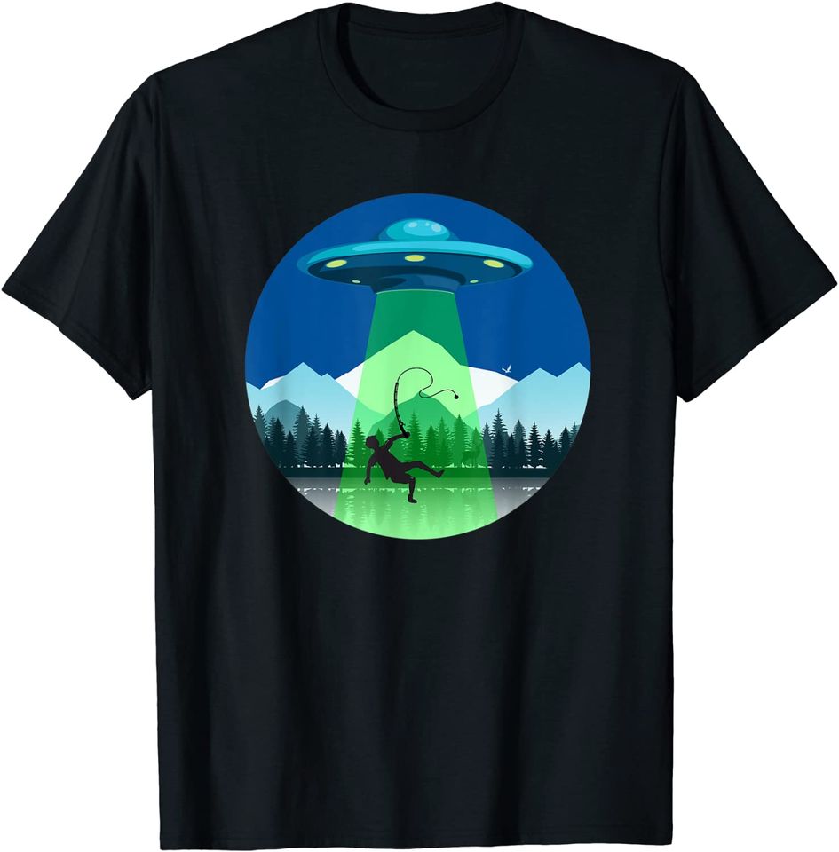 UFO Space Alien Abduction Flying Saucer Fishing Tee T-Shirt