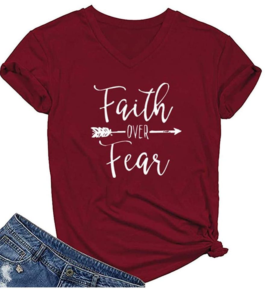 Womens Faith Over Fear V Neck T Shirt Summer Casual Christian Inspirational Graphic Tees Tops