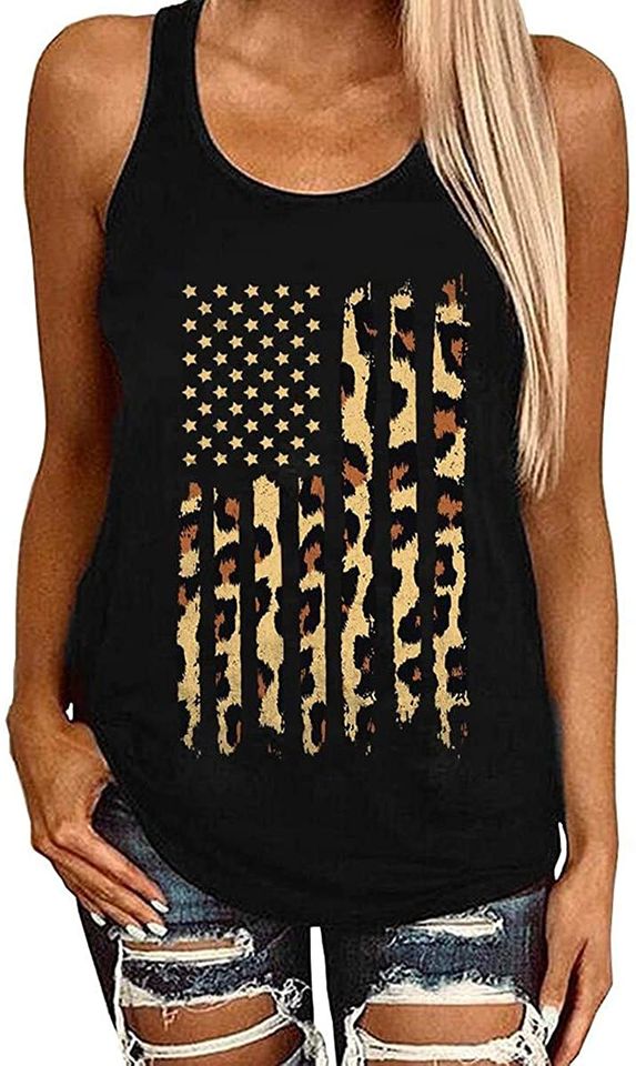 Womens Leopard American Flag Star Tank Top Cute July 4th Independence Day Sunflower Graphic Tees T-Shirts