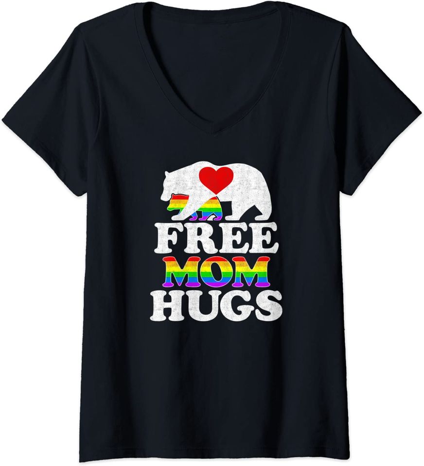 Womens Gay LGBT Pride Mama Bear For Women Free Mom Hugs V-Neck T-Shirt