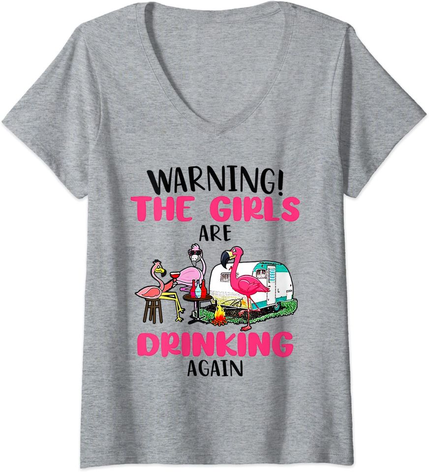 Womens Warning The Girls Are Drinking Again Flamingo V-Neck T-Shirt