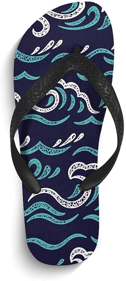 INTERESTPRINT Non-Slip Flip Flop Slippers Sea Waves Pattern Cute Black Straps Slim Thong Sandal for Men