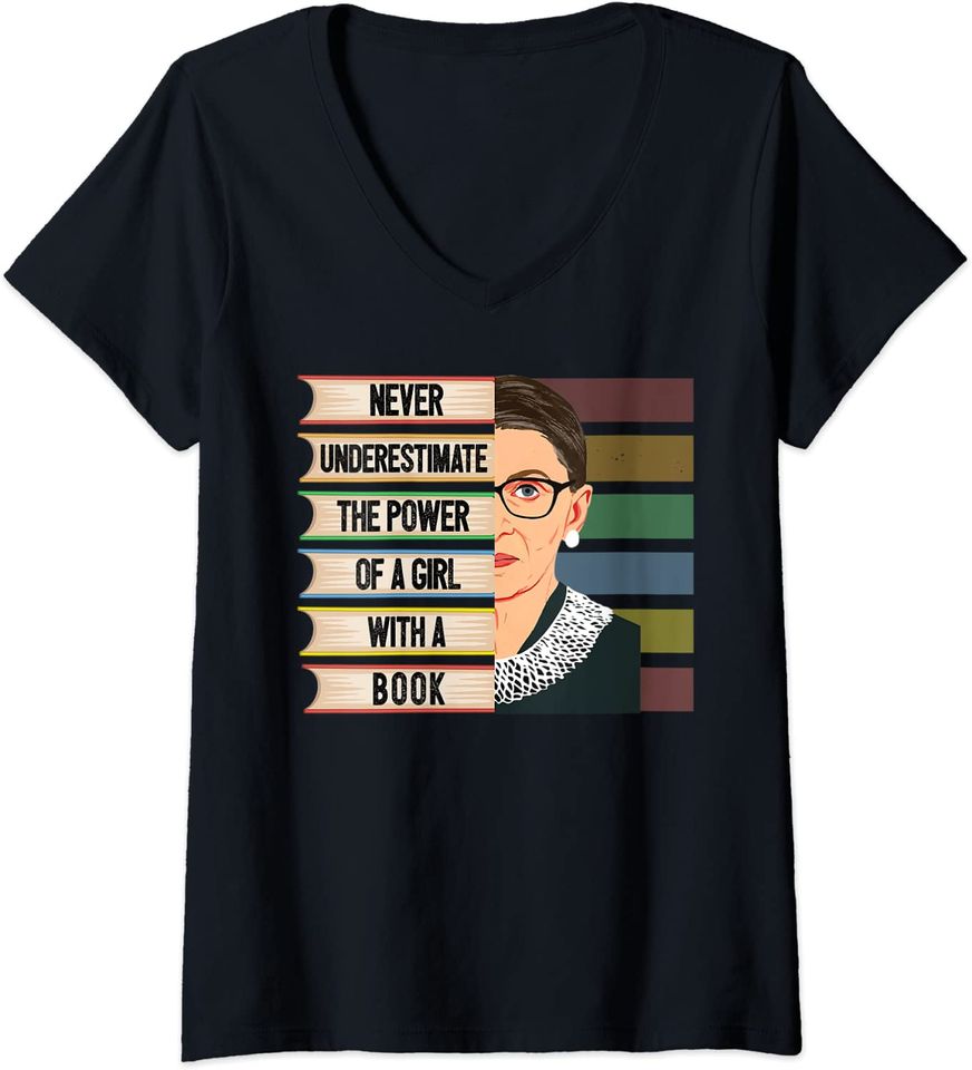 Womens Feminist Ruth Bader Ginsburg RBG Quote Girl With Book Women V-Neck T-Shirt