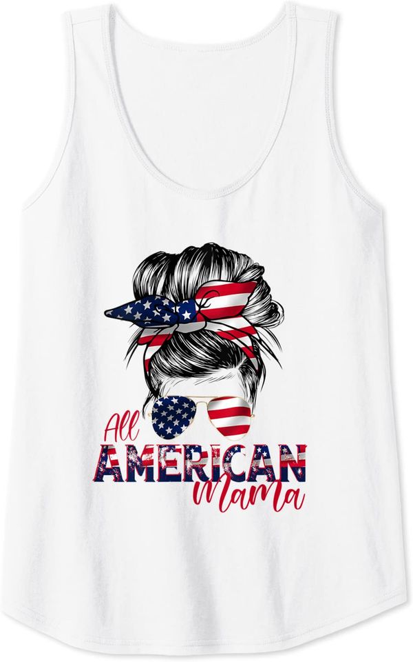 All American Mama Messy Bun Hair Style American Flag Tank Top