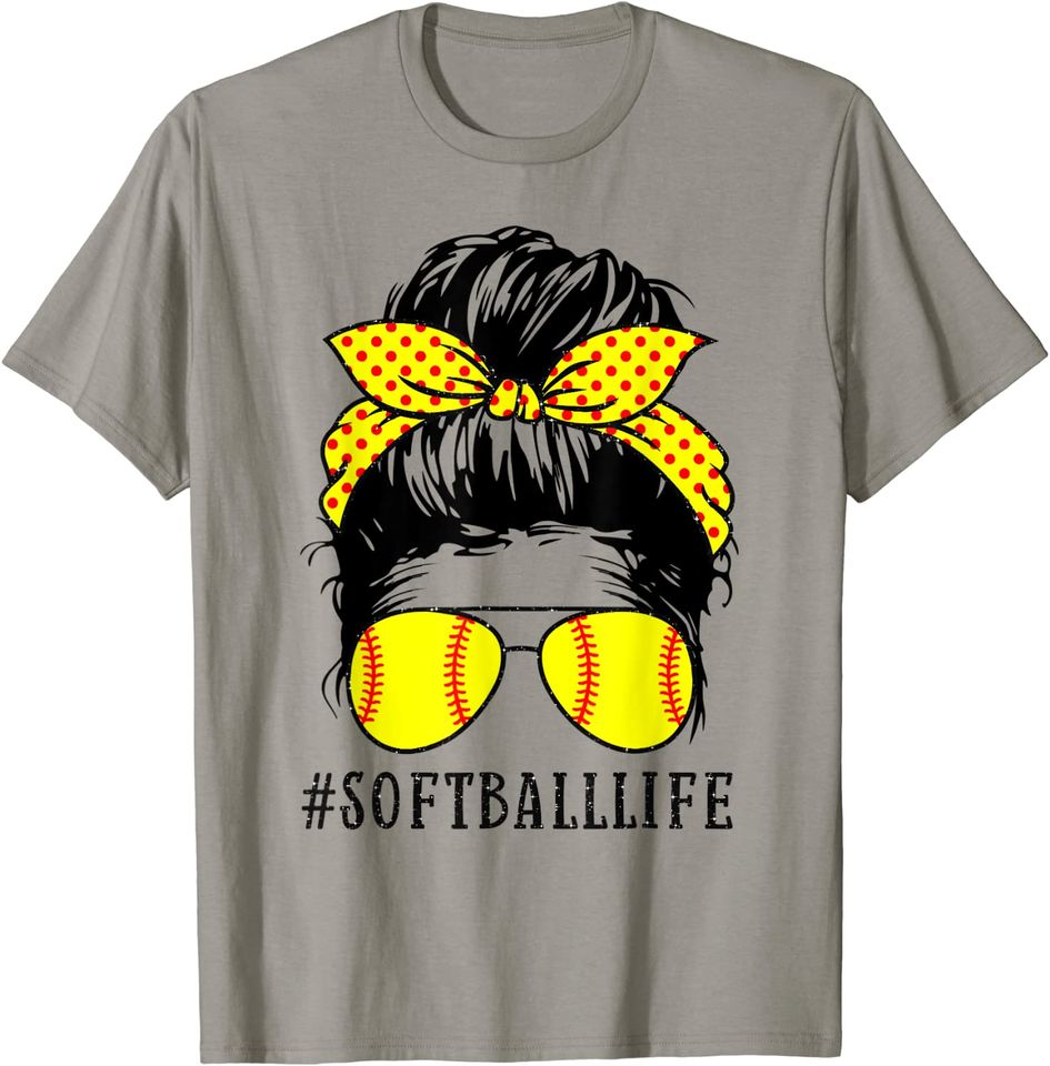 Life Softball Baseball Mothers Day Messy Bun T-Shirt