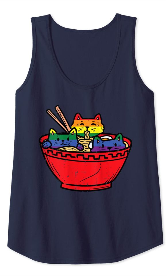 Cats in Ramen Anime Food LGBTQ Rainbow Flag Gay Pride Ally Tank Top