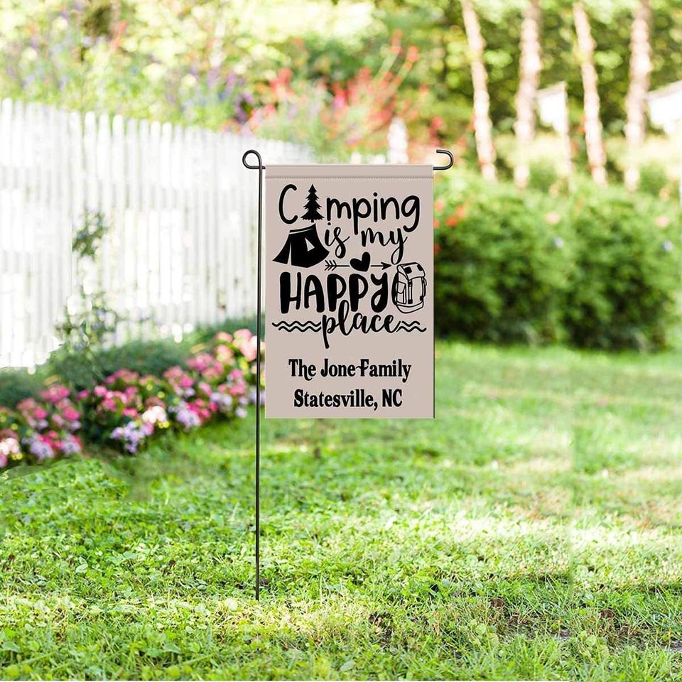 Personalized Camping Is My Happy Place Garden Flag Custom Family Name Place