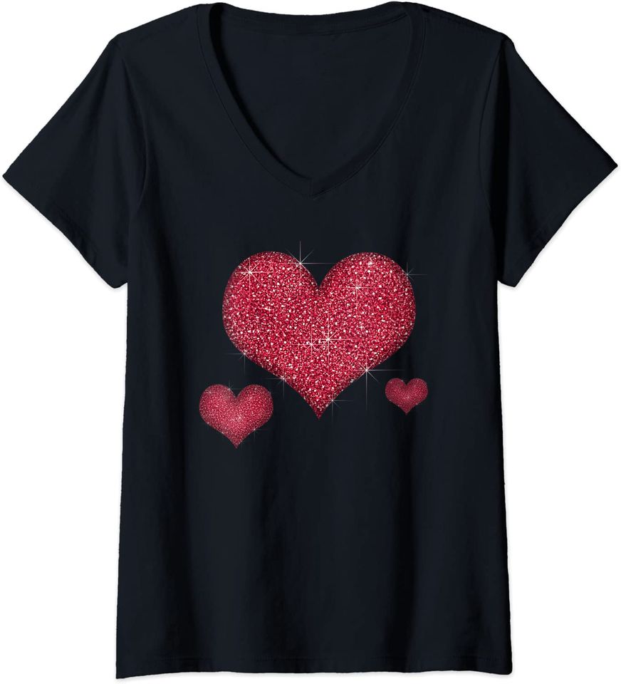 Red Heart Valentine's Day Cool Sparkle Heart V-Neck T-Shirt