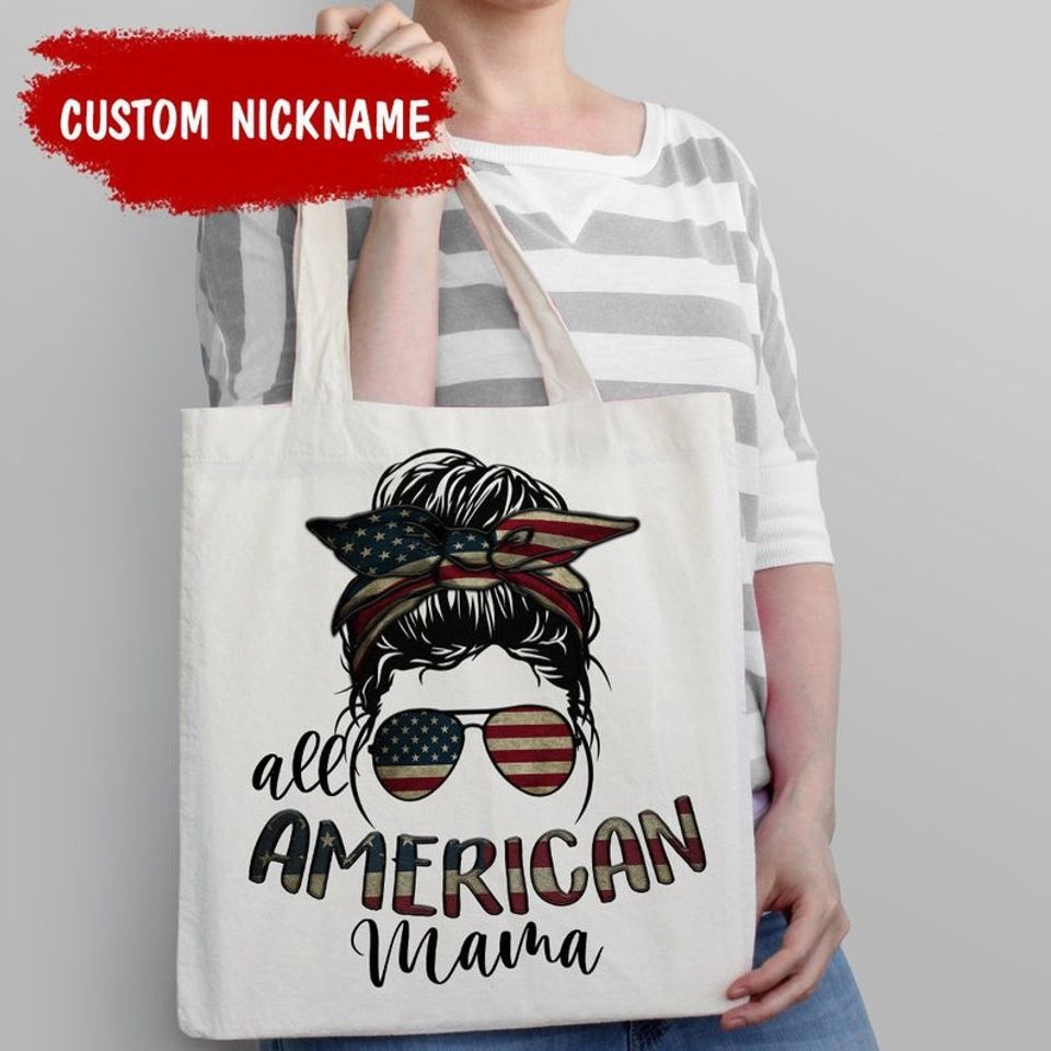 All American Mama Tote Bag, Personalized Tote Bag For Mom, Patriotic Bag, 4th of July, Mom Gift