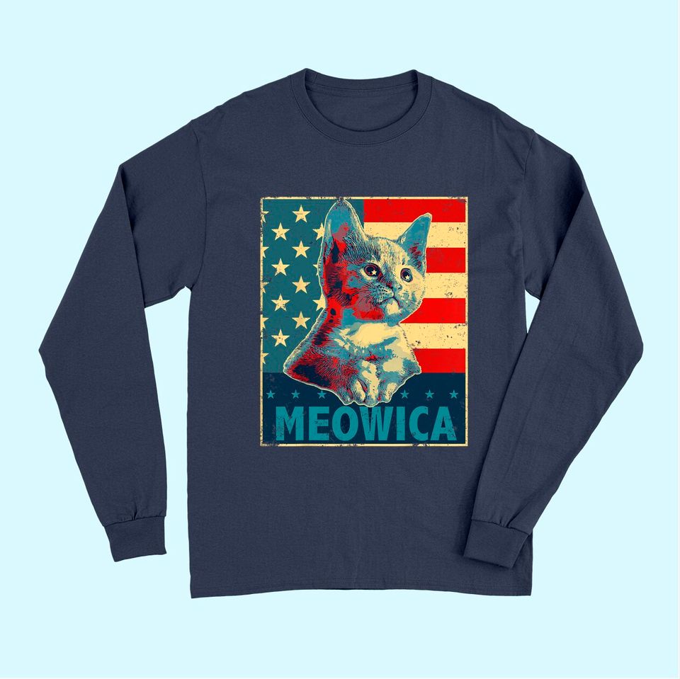 Meowica Cat Patriotic American Flag Long Sleeves
