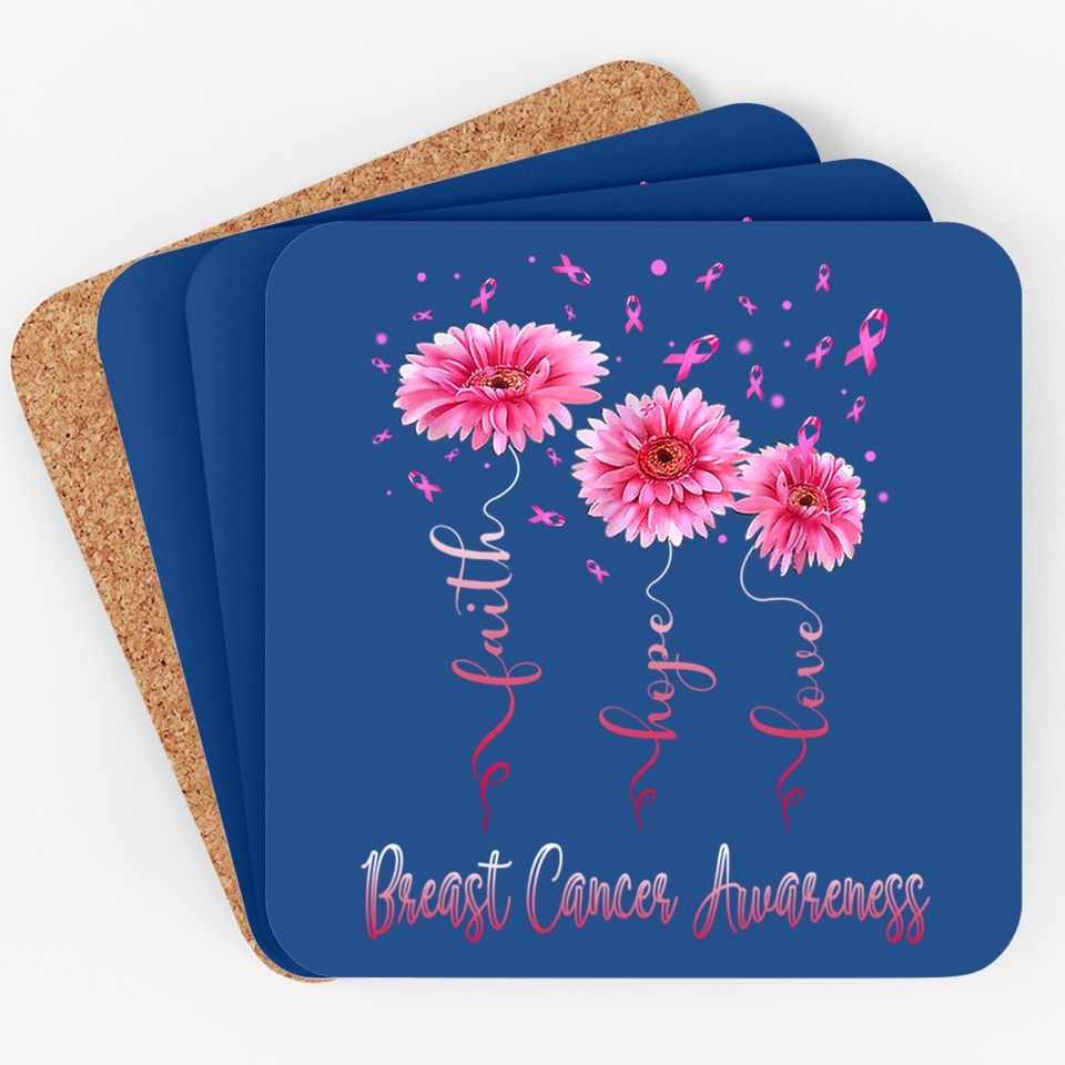 Faith Hope Love Pink Daisy Flower Breast Cancer Awareness Coaster
