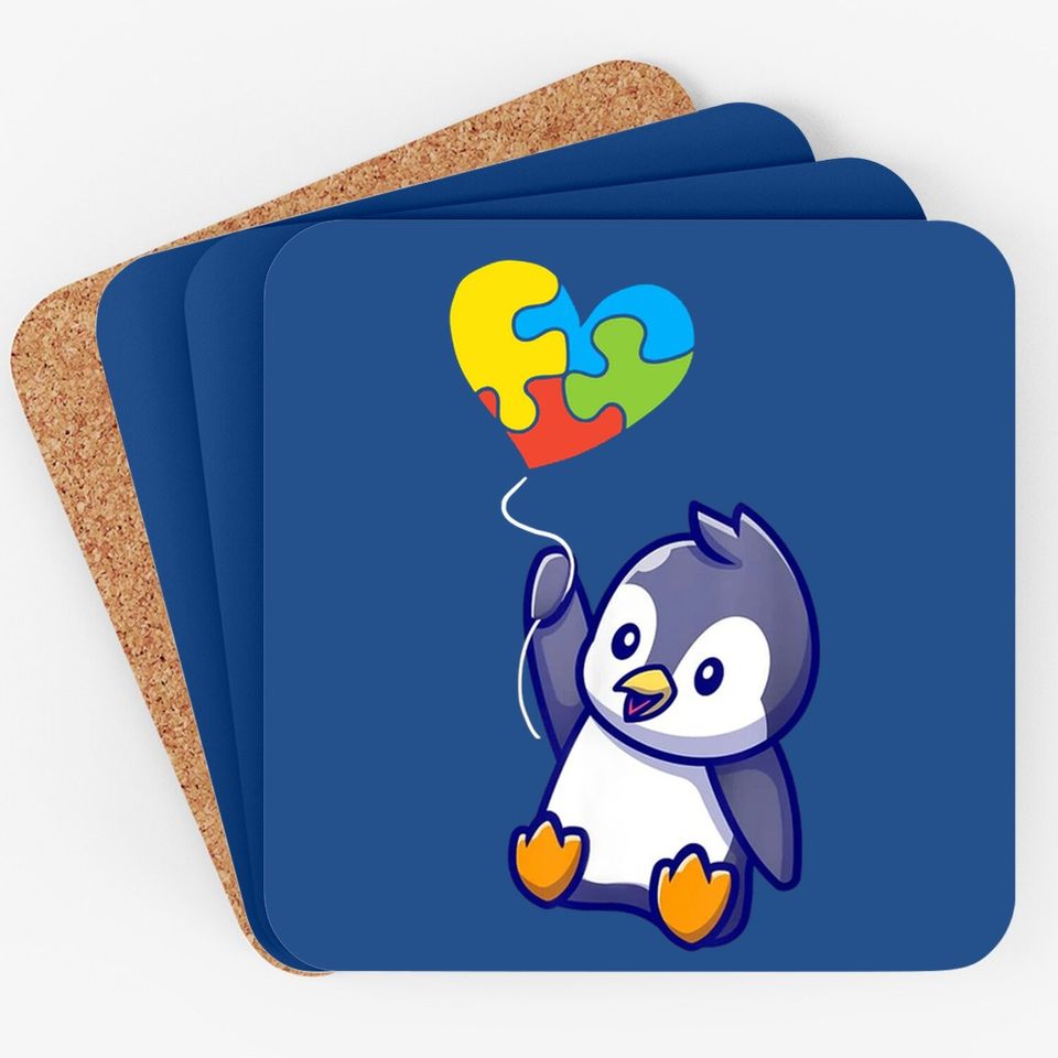 Penguin Autism Awareness Day Puzzle Piece Coaster
