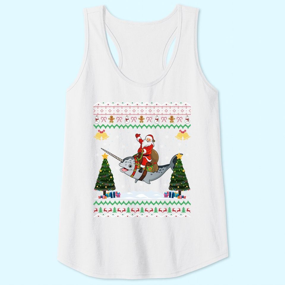 Narwhal Ugly Xmas Gift Santa Riding Narwhal Christmas Tank Tops