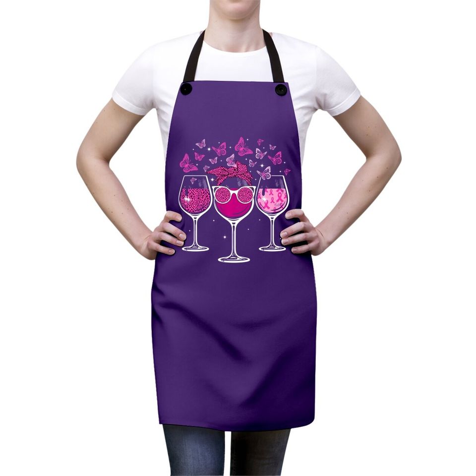 Wine Glass Butterfly Breast Cancer Awareness Pink Ribbon Apron