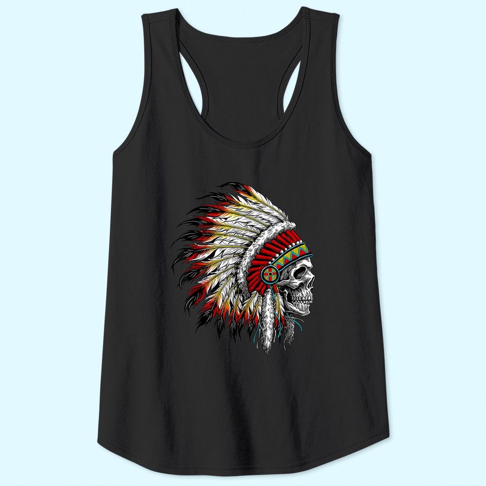 Native American Indian Chief Skull Motorcycle Headdress Tank Top