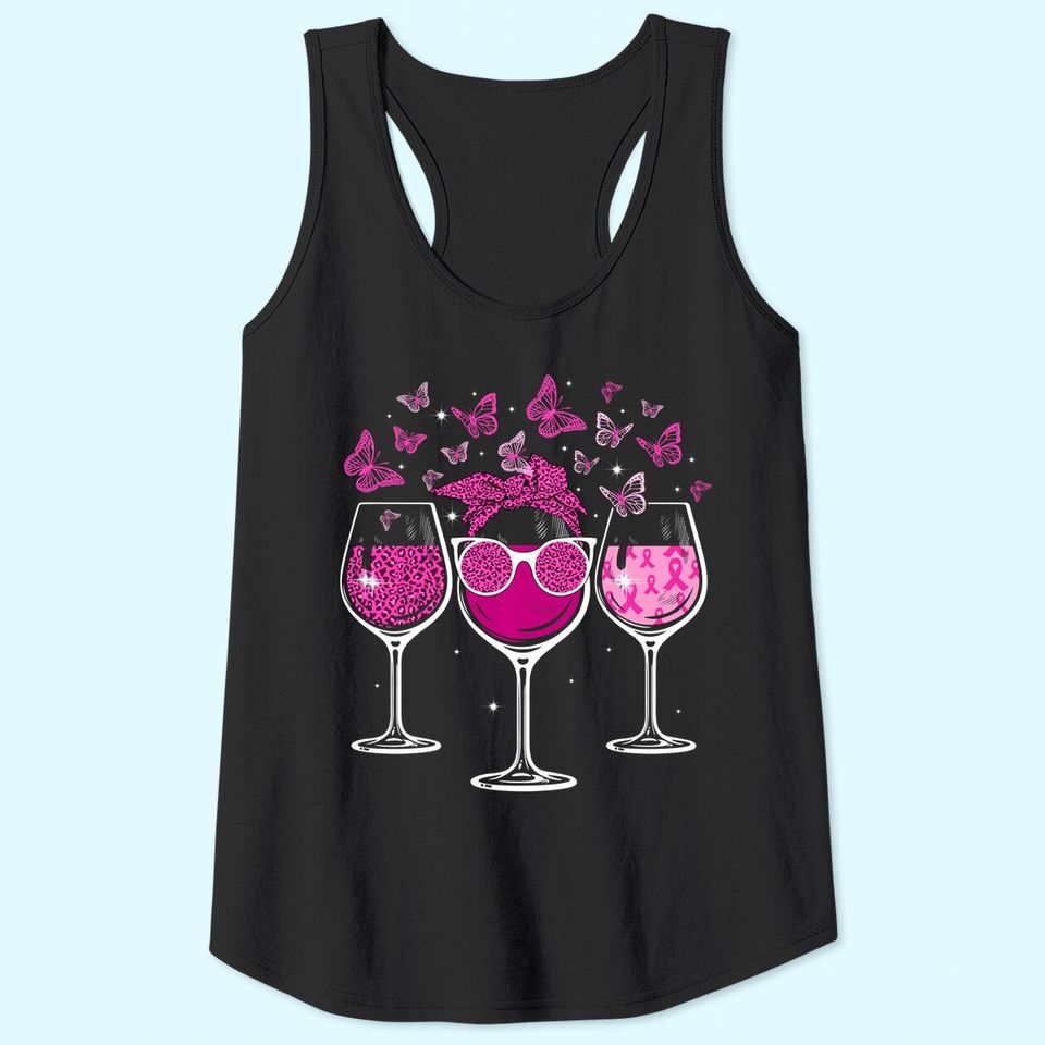 Wine Glass Butterfly Breast Cancer Awareness Pink Ribbon Tank Top