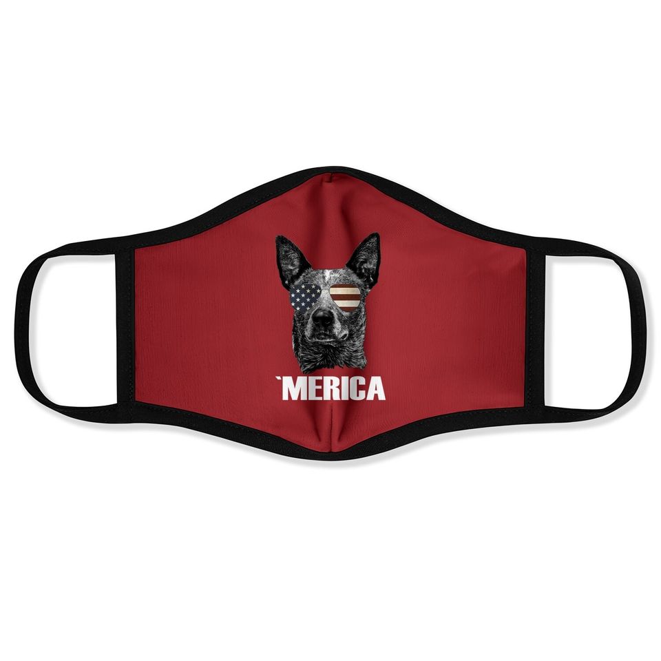 Merica Australian Cattle Dog With Usa Flag Sunglasses Face Mask