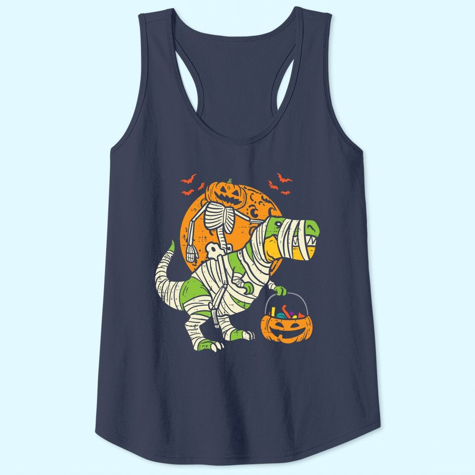 Kids Pumpkin Skeleton On Trex Funny Halloween Dinosaur Tank Top