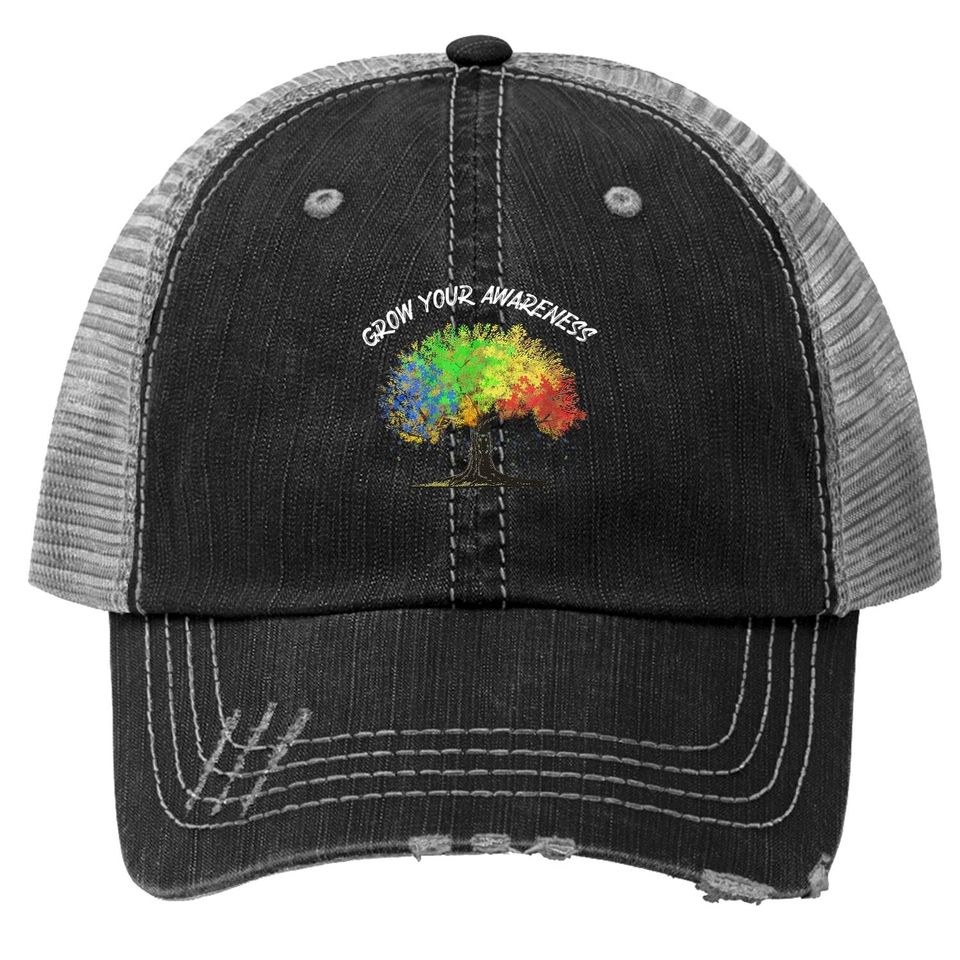 Autism Awareness Rainbow Tree Grow Your Awareness Hand Drawn Trucker Hat