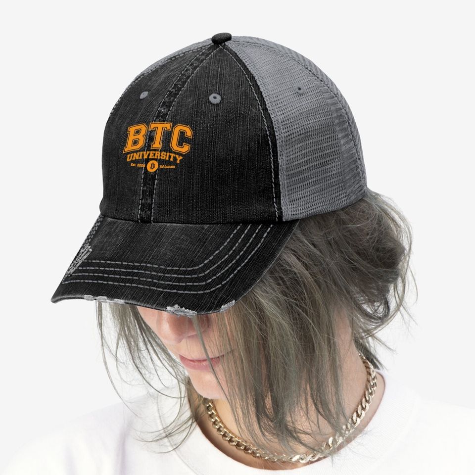 Btc University To The Moon, Funny Distressed Bitcoin College Trucker Hat