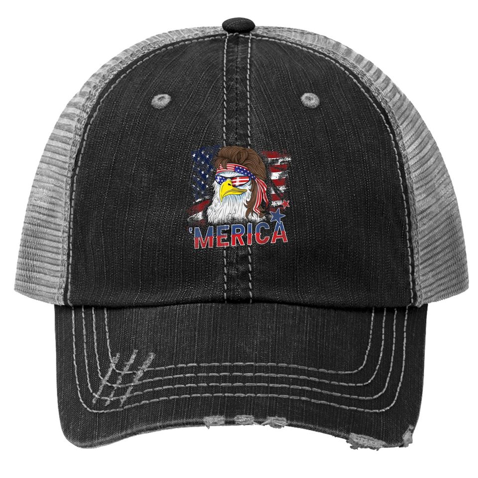Merica Bald Eagle Mullet 4th Of July American Flag Patriotic Trucker Hat