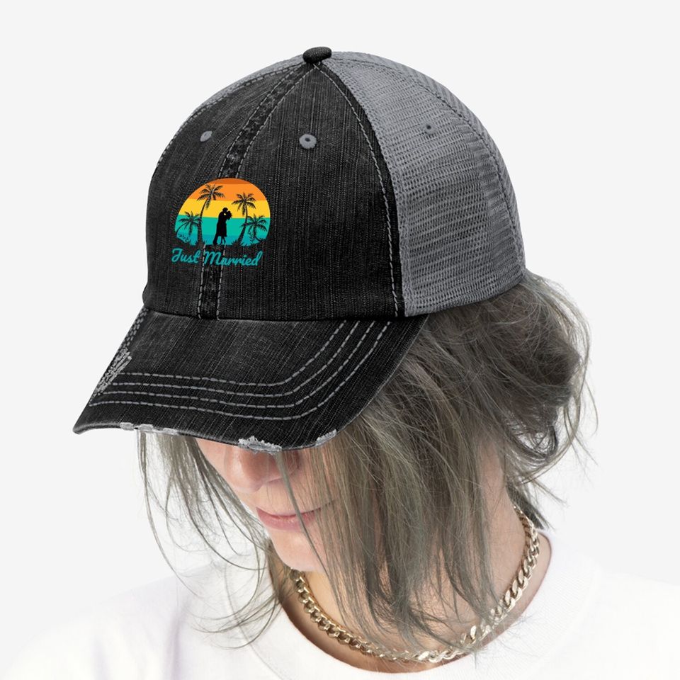 Just Married Trucker Hat Couple Honeymoon Matching Tropical Paradise
