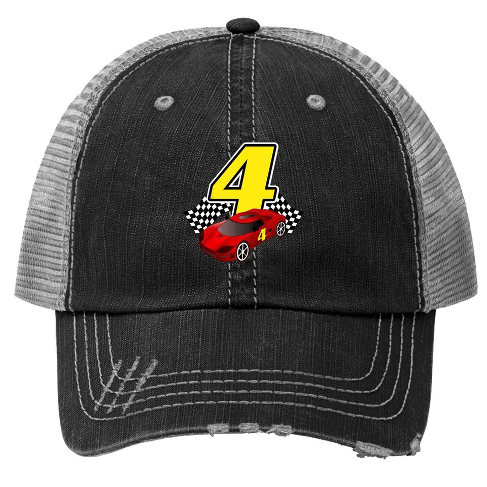 4 Year Old Racecar Sportscar Birthday Boys Trucker Hat