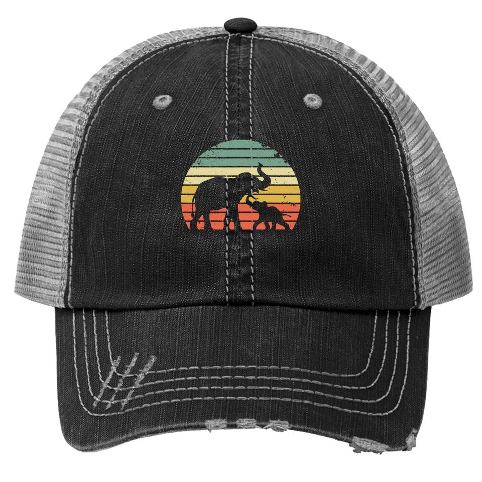 Vintage Elephant Trucker Hat Retro Sunset Colors Silhouette Trucker Hat